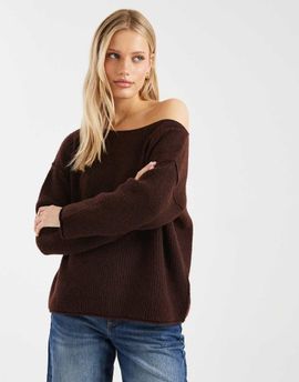 Miss Selfridge Miss Selfridge asymmetric off the shoulder slouchy cozy knit sweater in chocolate-Brown