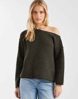 Miss Selfridge Miss Selfridge asymmetric off the shoulder slouchy cozy knit sweater in olive-Green