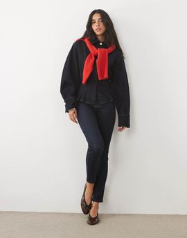 Miss Selfridge Miss Selfridge balloon sleeve denim shirt in raw wash-Blue