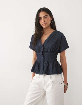 Miss Selfridge Miss Selfridge batwing sleeve tie front denim top in raw wash-Blue