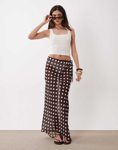 Miss Selfridge Miss Selfridge beach chiffon bias cut maxi skirt in chocolate polka dot-Brown