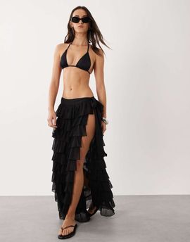 Miss Selfridge Miss Selfridge beach chiffon ruffle tie side maxi skirt in black
