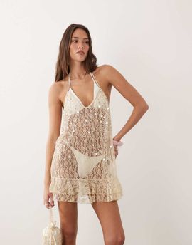 Miss Selfridge Miss Selfridge beach lace embellished halterneck mini dress in cream-Green