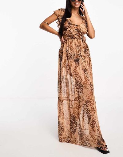 Miss Selfridge Miss Selfridge beach leopard frill cut out maxi dress-Multi