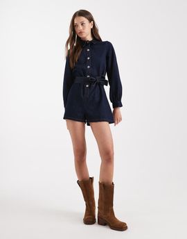 Miss Selfridge Miss Selfridge belted denim romper in indigo wash-Navy