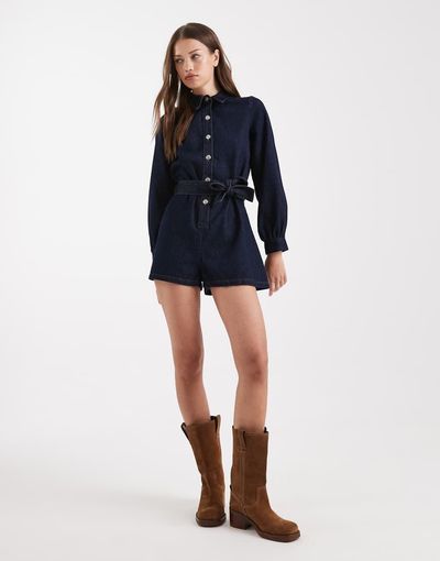 Miss Selfridge Miss Selfridge belted denim romper in indigo wash-Navy