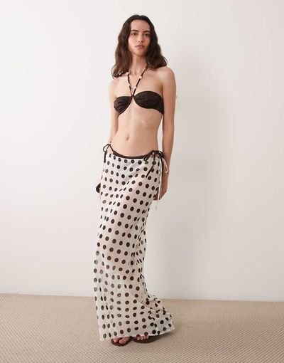 Miss Selfridge Miss Selfridge bias cut chiffon beach maxi skirt in cream polka dots-White