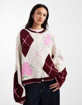 Miss Selfridge Miss Selfridge blanket stitch argyle cardigan in pink-Multi