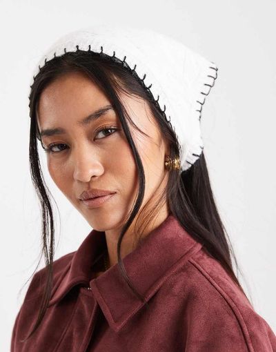 Miss Selfridge Miss Selfridge blanket stitch pointelle triangle mini scarf in cream with black stitching-White