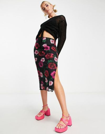 Miss Selfridge Miss Selfridge blurred rose mesh midi skirt-Multi