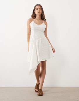 Miss Selfridge Miss Selfridge broderie asymmetric cami mini dress in ivory-White