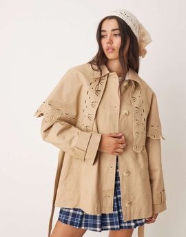 Miss Selfridge Miss Selfridge broderie detail cape crop trench in stone-Neutral