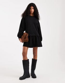 Miss Selfridge Miss Selfridge brushed rib smock dress with drop waist in black