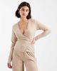 Miss Selfridge Miss Selfridge brushed waffle knit wrap top in mushroom-Brown - 1