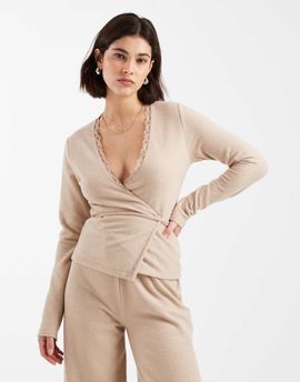 Miss Selfridge Miss Selfridge brushed waffle knit wrap top in mushroom-Brown