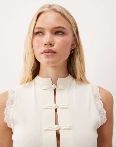 Miss Selfridge Miss Selfridge button-up top with mandarin collar and lace trim in cream-White