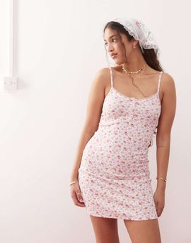 Miss Selfridge Miss Selfridge button detail mini dress in pink micro floral-Multi