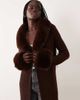 Miss Selfridge Miss Selfridge button through longline cardigan with fur collar and cuff in chocolate-Brown - 3