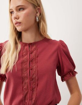 Miss Selfridge Miss Selfridge button through puff sleeve top in red
