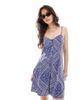 Miss Selfridge Miss Selfridge button through spun mini dress in blue scarf print - 1
