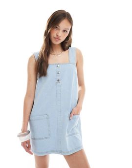 Miss Selfridge Miss Selfridge button up denim baby doll dress in bleach wash-No color