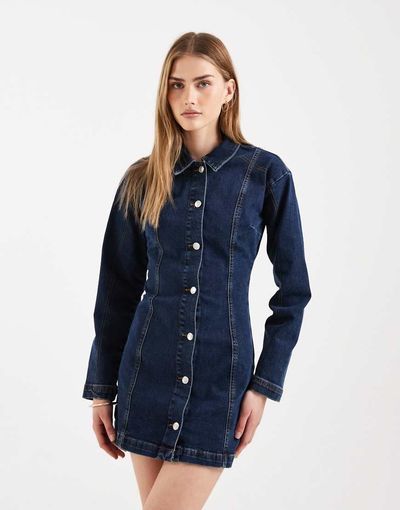 Miss Selfridge Miss Selfridge button up long sleeve mini dress in blue wash