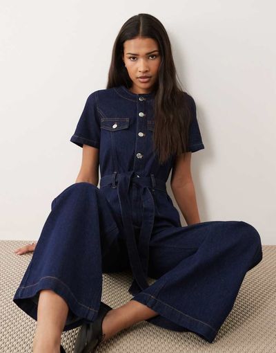 Miss Selfridge Miss Selfridge button up military jumpsuit in indigo wash-Blue
