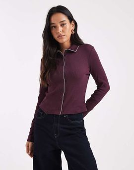 Miss Selfridge Miss Selfridge button up ribbed shirt with blanket stitch detailing in plum-Purple