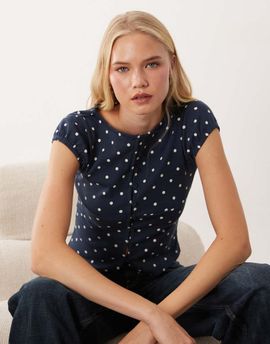 Miss Selfridge Miss Selfridge button up slash neck top in navy polka dots-Blue