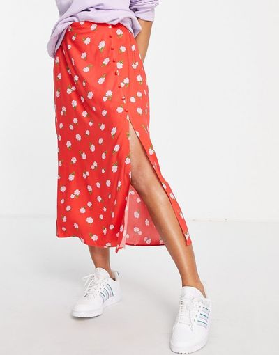 Miss Selfridge Miss Selfridge button up slit midi skirt in red stamp rose