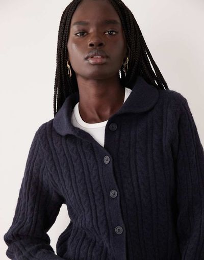 Miss Selfridge Miss Selfridge cable collar button through cardigan in navy-PURPLE