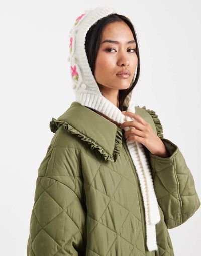 Miss Selfridge Miss Selfridge cable embroidered knit bonnet in cream-White