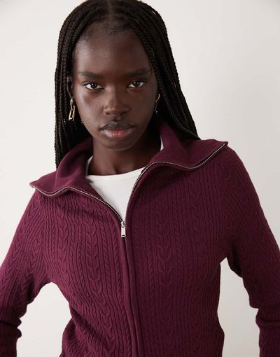 Miss Selfridge Miss Selfridge cable knit zip through long sleeve top in plum-PURPLE