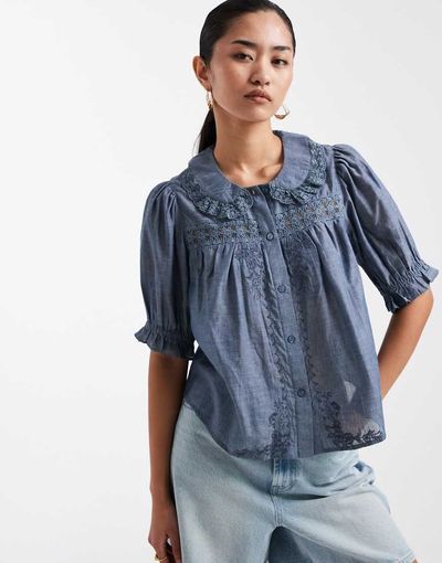 Miss Selfridge Miss Selfridge chambray peter pan collar blouse with lace detailing in mid wash-Blue