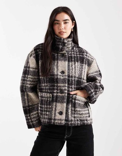 Miss Selfridge Miss Selfridge check cropped jacket in mono-Black