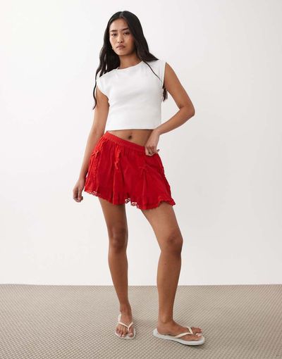Miss Selfridge Miss Selfridge cheesecloth mini skirt with bows-Red