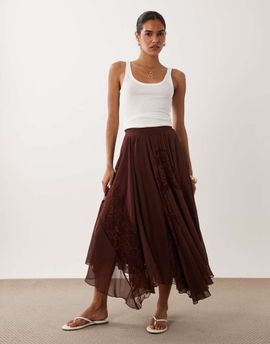 Miss Selfridge Miss Selfridge chiffon-lace mix handkerchief hem midaxi skirt in chocolate-Brown