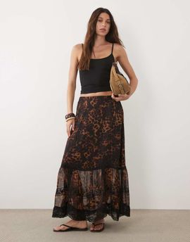 Miss Selfridge Miss Selfridge chiffon and lace maxi skirt with embroidered hem in animal-Multi