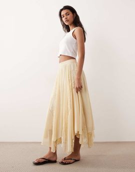 Miss Selfridge Miss Selfridge chiffon and lace mix handkerchief hem maxi skirt in buttermilk-Yellow
