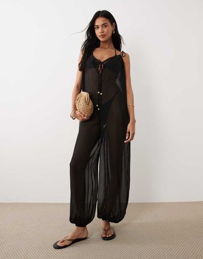 Miss Selfridge Miss Selfridge chiffon balloon hem beach jumpsuit in black