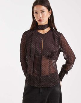 Miss Selfridge Miss Selfridge chiffon button up scarf blouse in chocolate polka dots-White