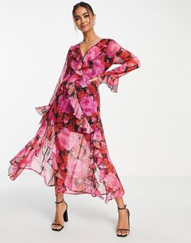 Miss Selfridge Miss Selfridge chiffon ruffle high split maxi dress in red rose