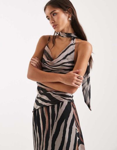 Miss Selfridge Miss Selfridge chiffon tie neck cowl top in zebra - part of a set-Multi