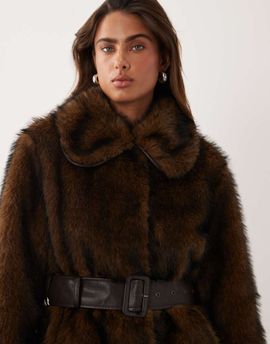 Miss Selfridge Miss Selfridge collar belted mid length faux fur coat in brown