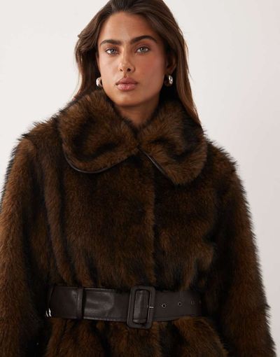 Miss Selfridge Miss Selfridge collar belted mid length faux fur coat in brown