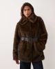 Miss Selfridge Miss Selfridge collar belted mid length faux fur coat in brown - 4