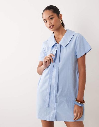 Miss Selfridge Miss Selfridge collared poplin mini dress with tie detail in blue