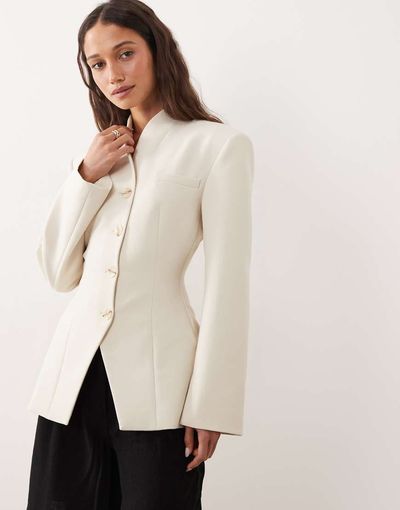 Miss Selfridge Miss Selfridge collarless blazer in ivory-White