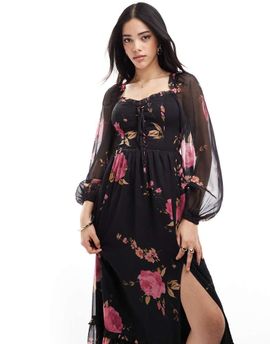 Miss Selfridge Miss Selfridge corset detail maxi dress in rose print-Multi