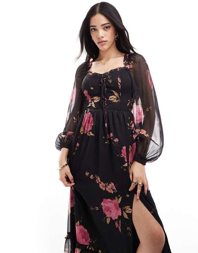 Miss Selfridge Miss Selfridge corset detail maxi dress in rose print-Multi
